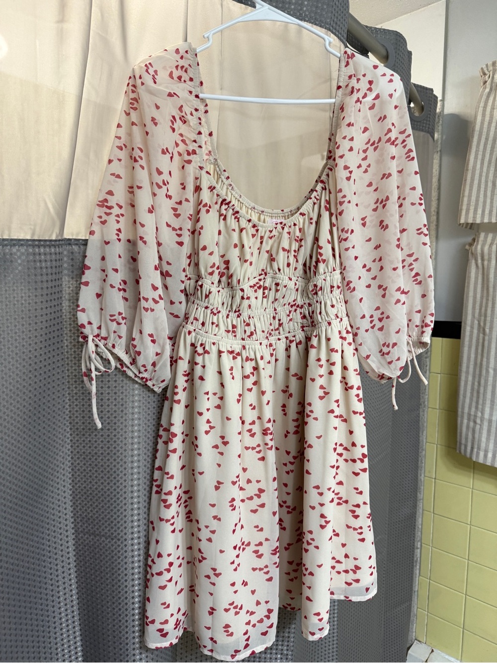 Pink Lily Smocked Waist Ivory Dress with Red Heart Print size Med